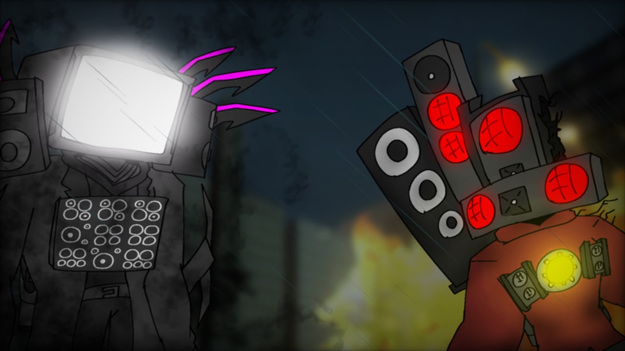 TV-headed titan facing a speaker titan during a rainy night battle